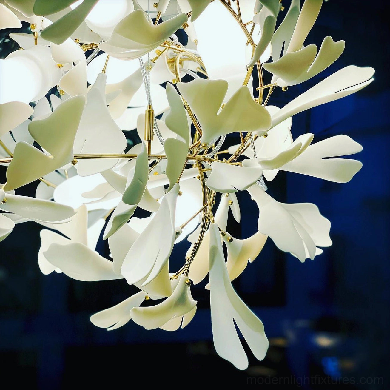 Ginkgo pendant chandelier showing complete sculptural form in neutral setting