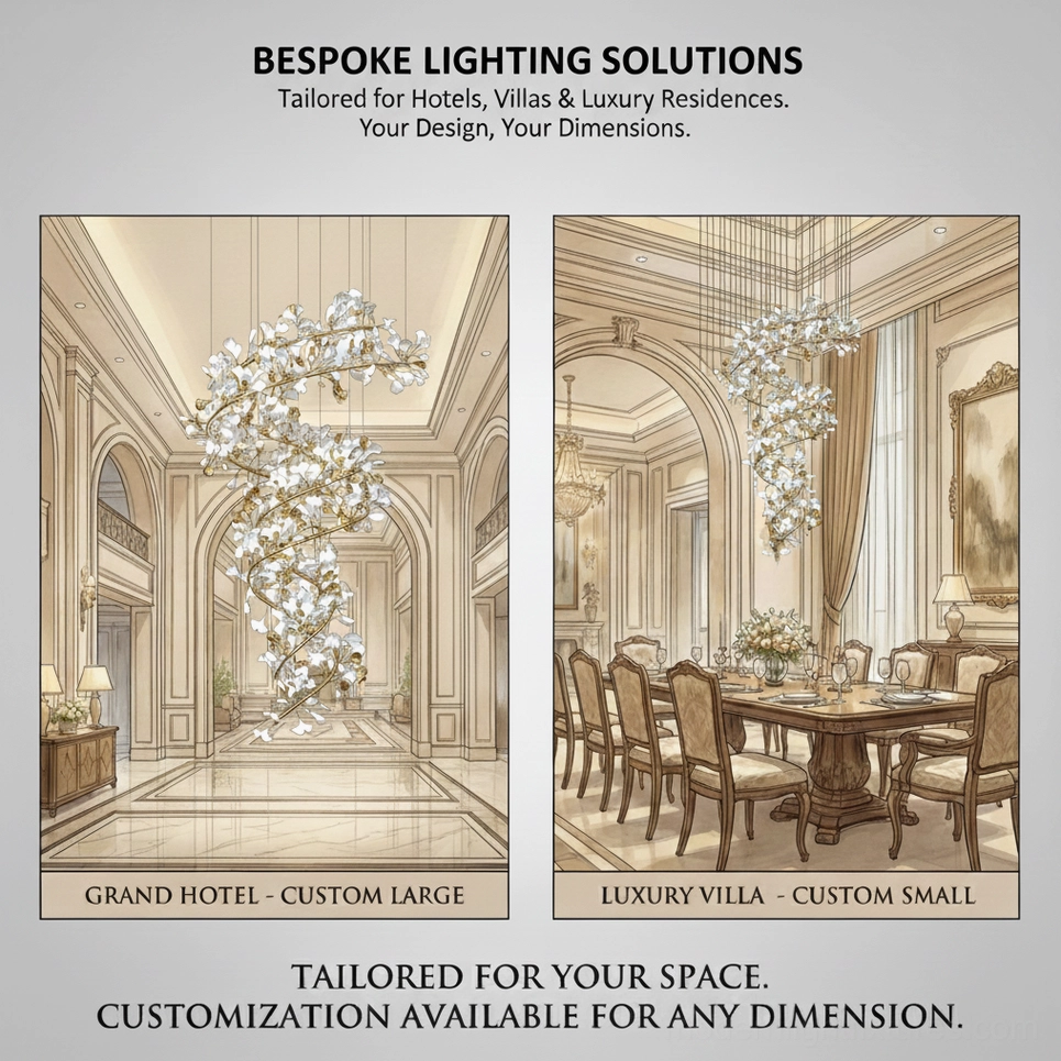 Custom ginkgo leaf chandelier design customization service featuring personalized drawing and finish color selection options