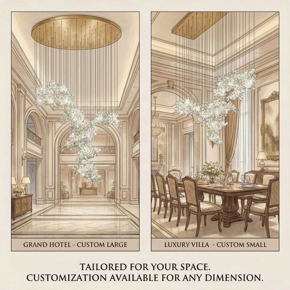 Customizable ginkgo leaf chandelier - support custom drawings with choice of white nickel or gold body finish