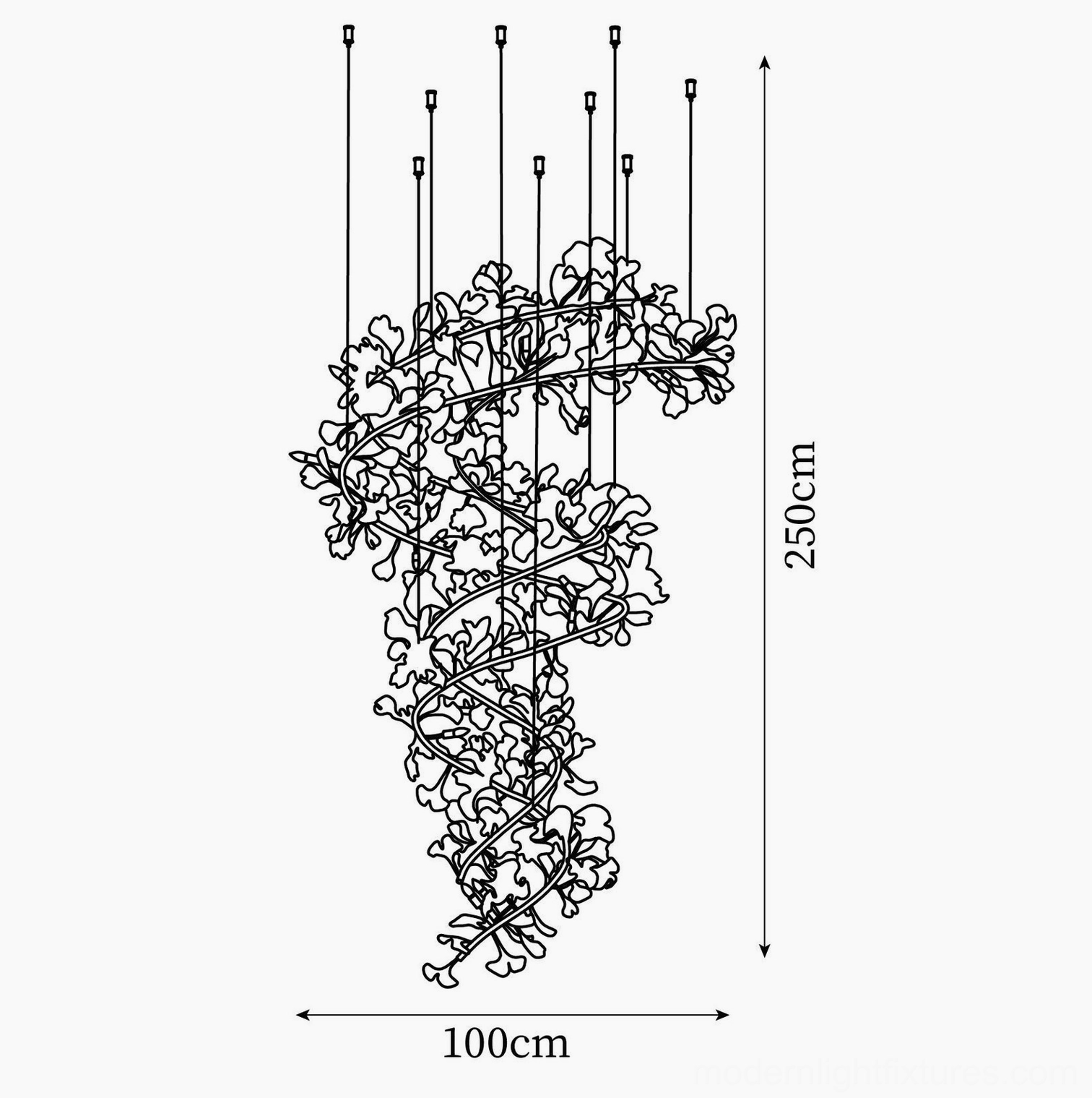 Technical orthographic projection line drawing of ginkgo chandelier design showing 100cm diameter and spiral vine structure