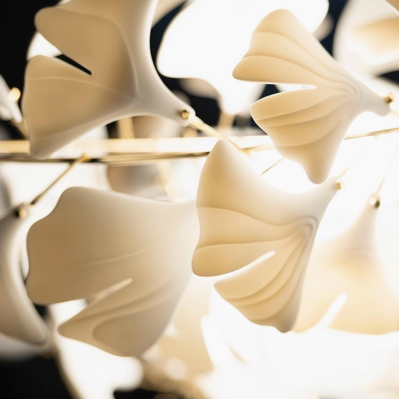 Ginkgo leaf pendant chandelier with dimensional span specifications and extended leaf design