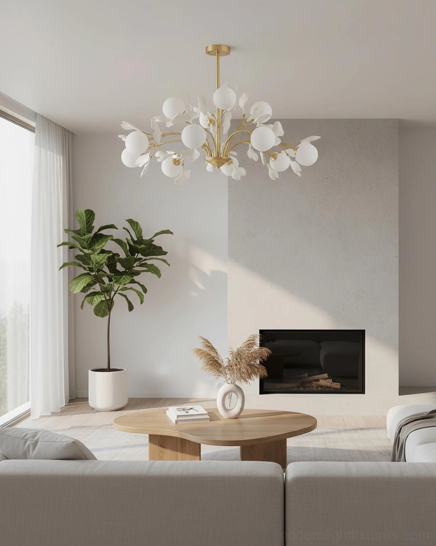 Ginkgo chandelier with dimmer control, showing brightness adjustment capability from full to ambient lighting