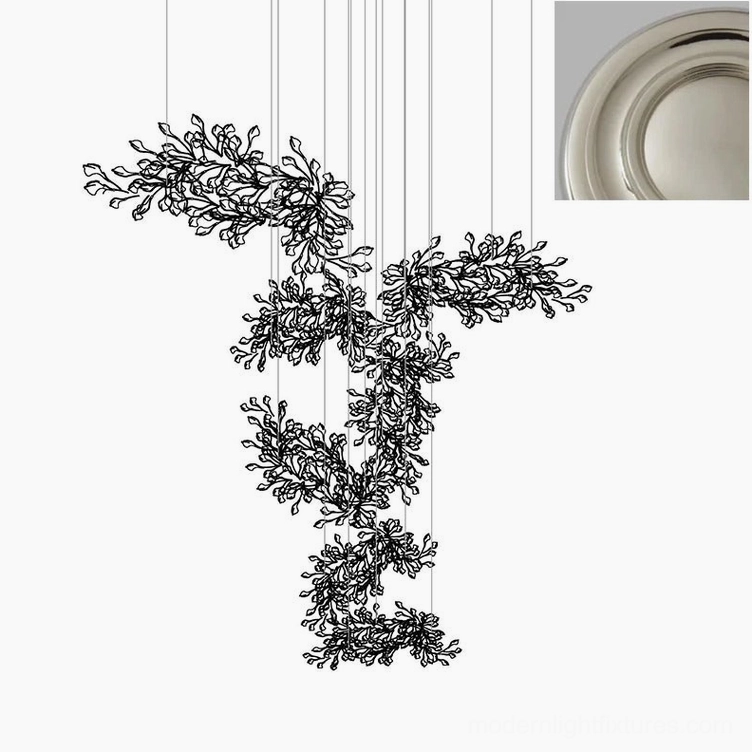 Ginkgo leaf chandelier in contemporary dining room setting creating ambient elegant atmosphere