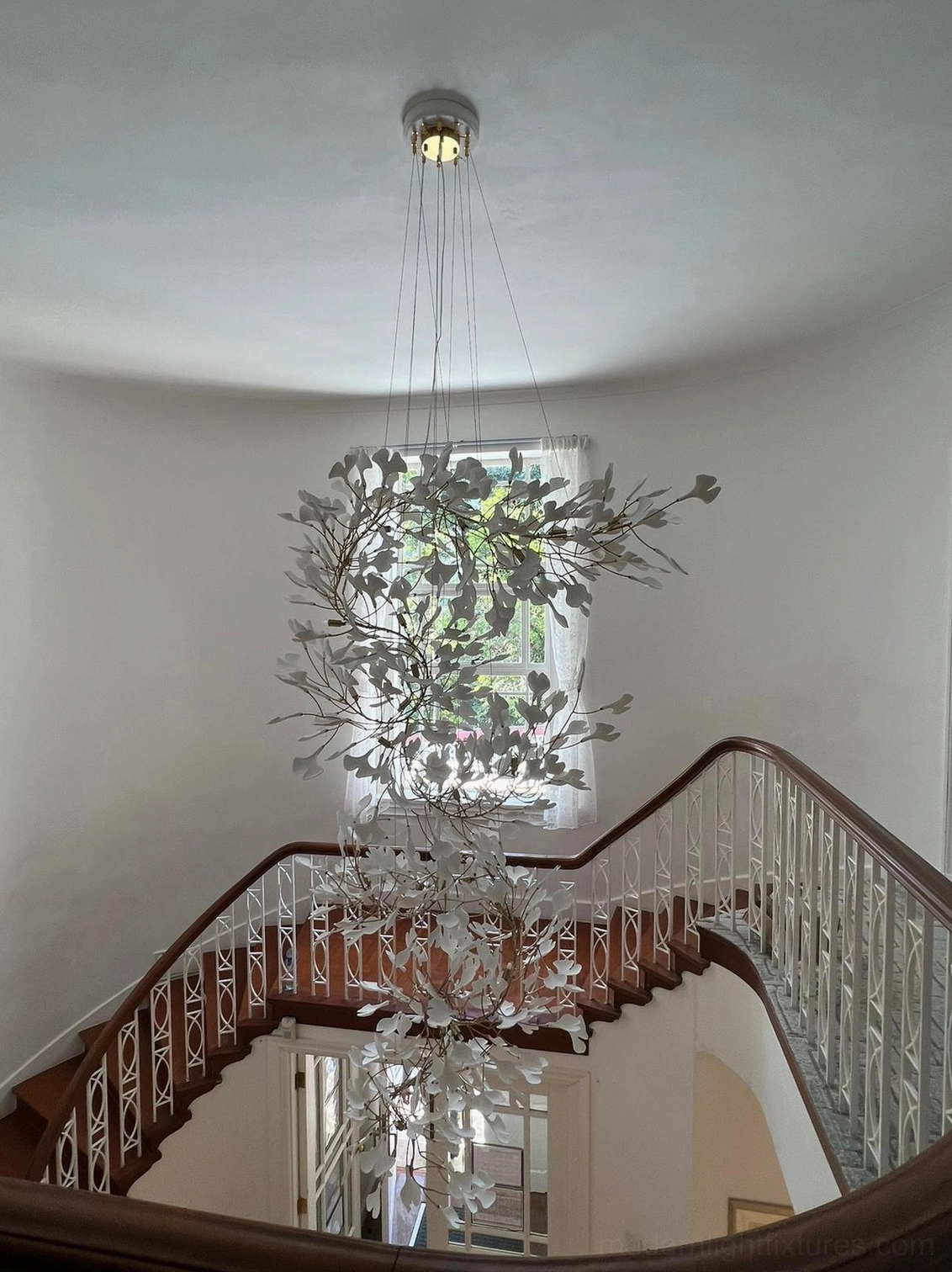 Ginkgo leaf pendant chandelier showing metal framework structure and leaf attachment points