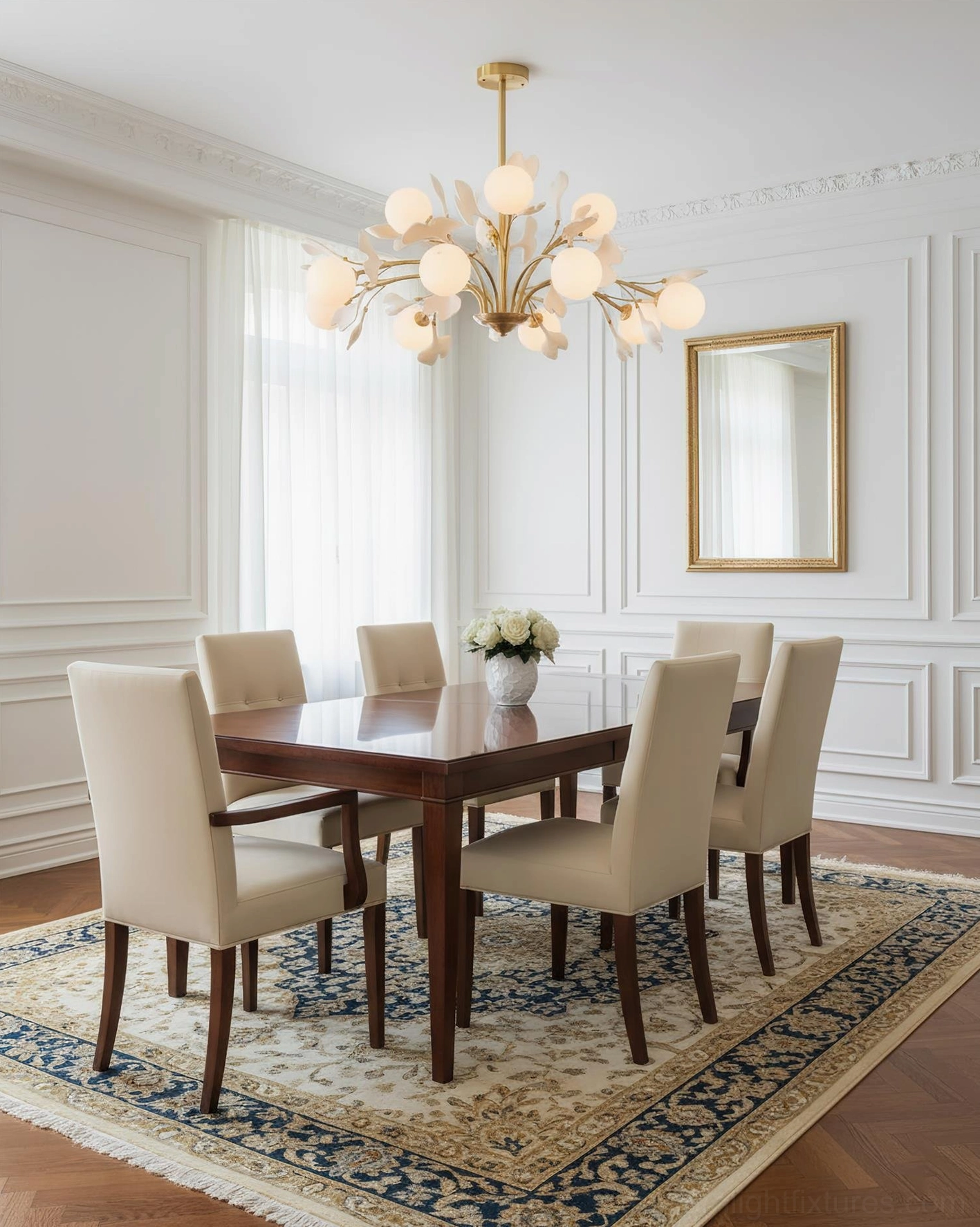 Ginkgo chandelier frosted glass shade detail, showing diffused light quality and warm white finish