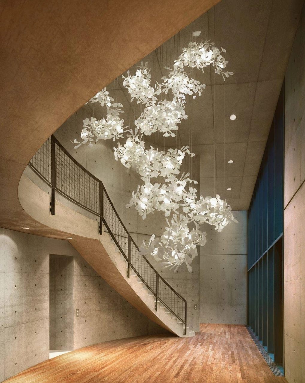 Ginkgo leaf pendant chandelier display showing full collection of ceramic leaves assembly