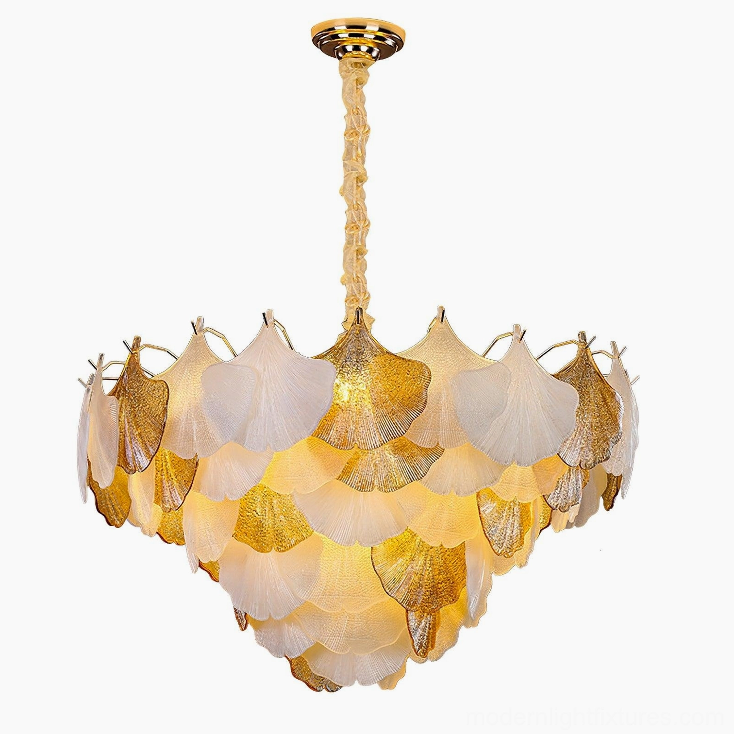 Large 80cm ginkgo chandelier grand size installation view with elegant hanging chain and ceiling bracket