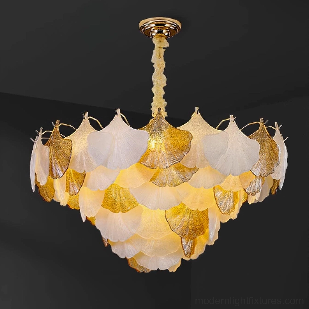 Ginkgo leaf chandelier 80cm grand size with white and amber glass petals, showing full sculptural form