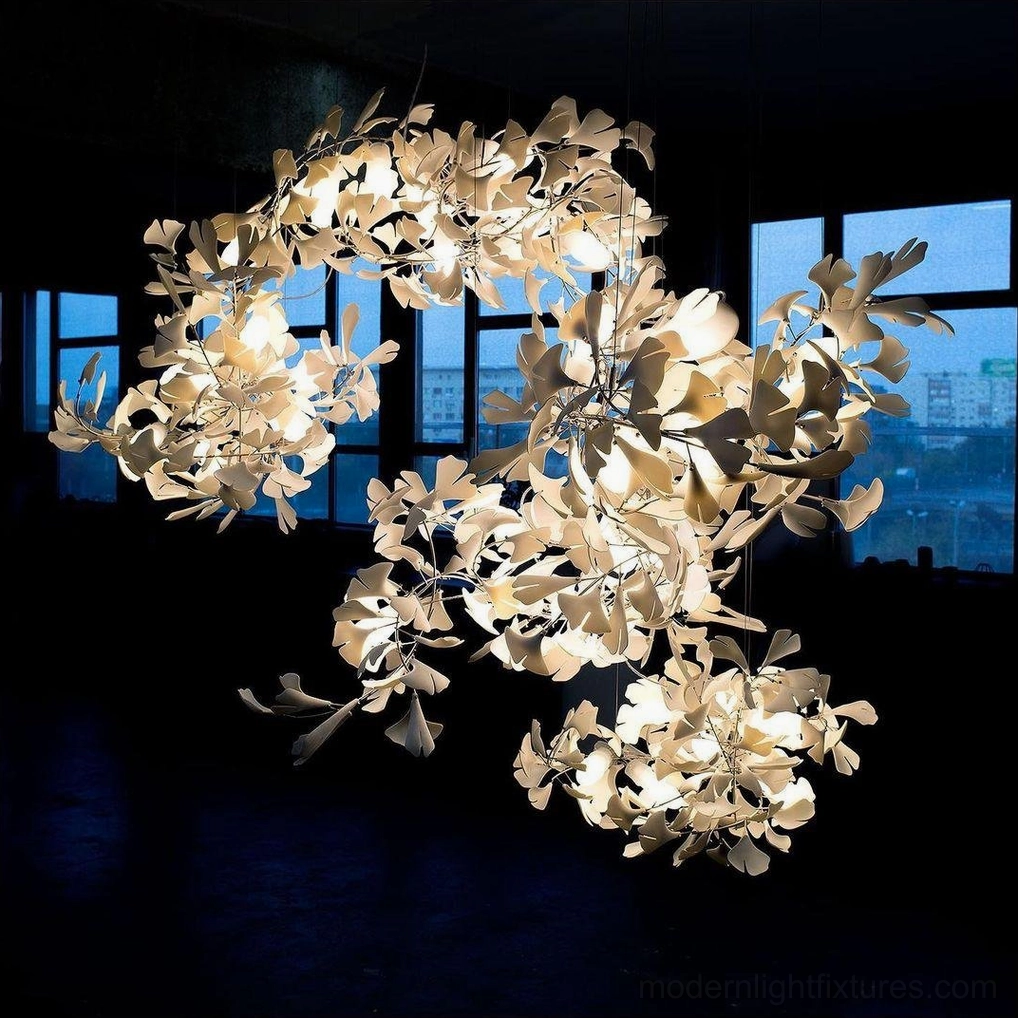 Contemporary ginkgo leaf chandelier with hardwired installation and adjustable hanging height cable