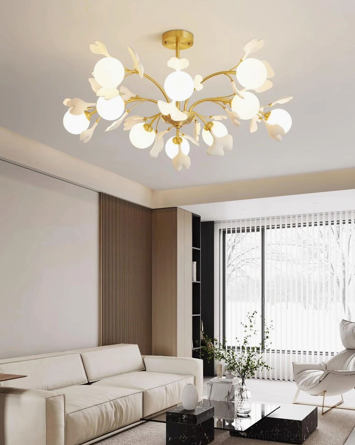 Ginkgo leaf pendant chandelier in luxury residential lounge, wide perspective showcasing brass structure and botanical design