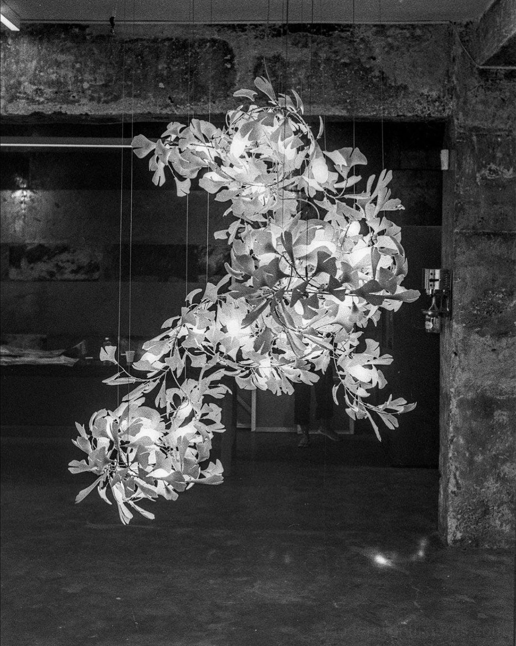 Ginkgo leaf pendant chandelier interior component view showing wiring and bulb integration