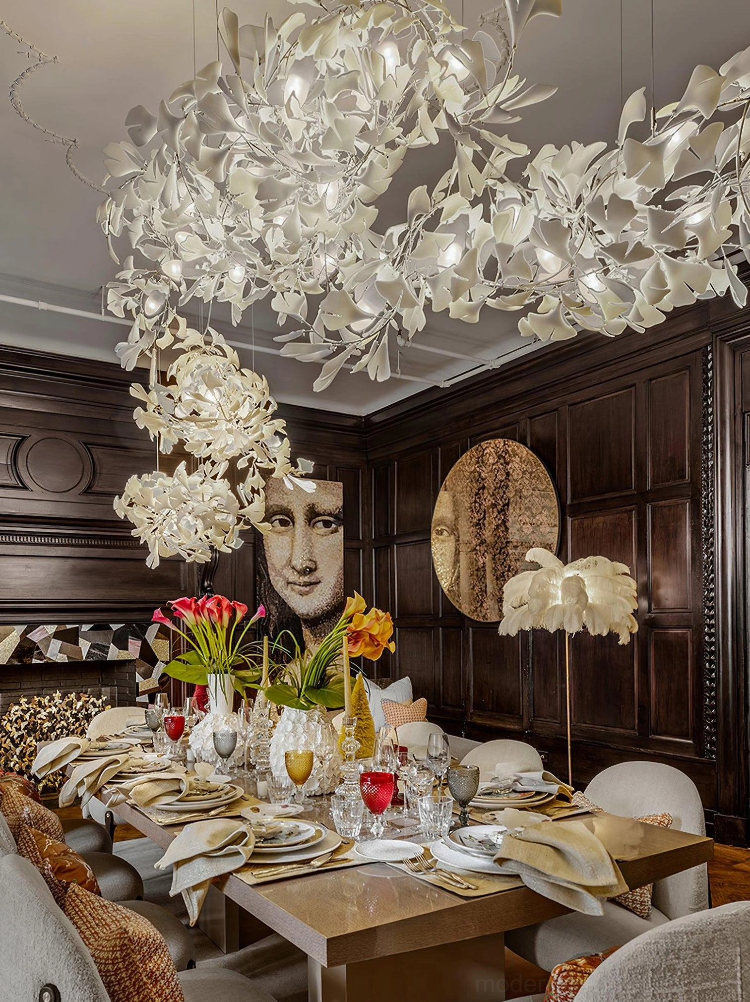 Contemporary ginkgo leaf chandelier showing junction box mounting and electrical configuration requirements