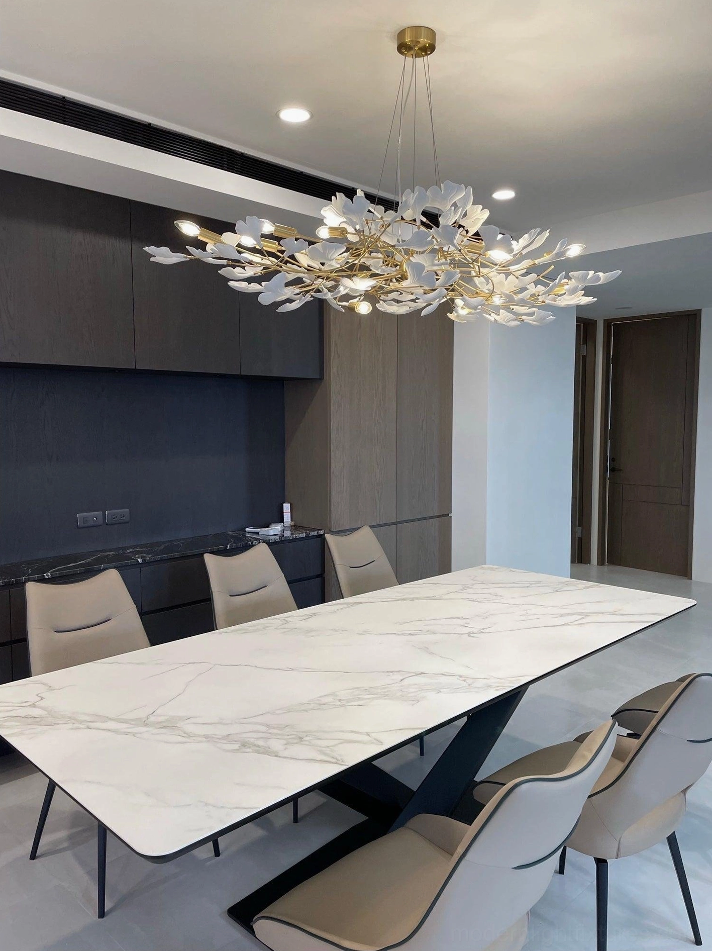 Large ginkgo leaf chandelier 150cm size with twelve ceramic leaves and extended metal branch structure