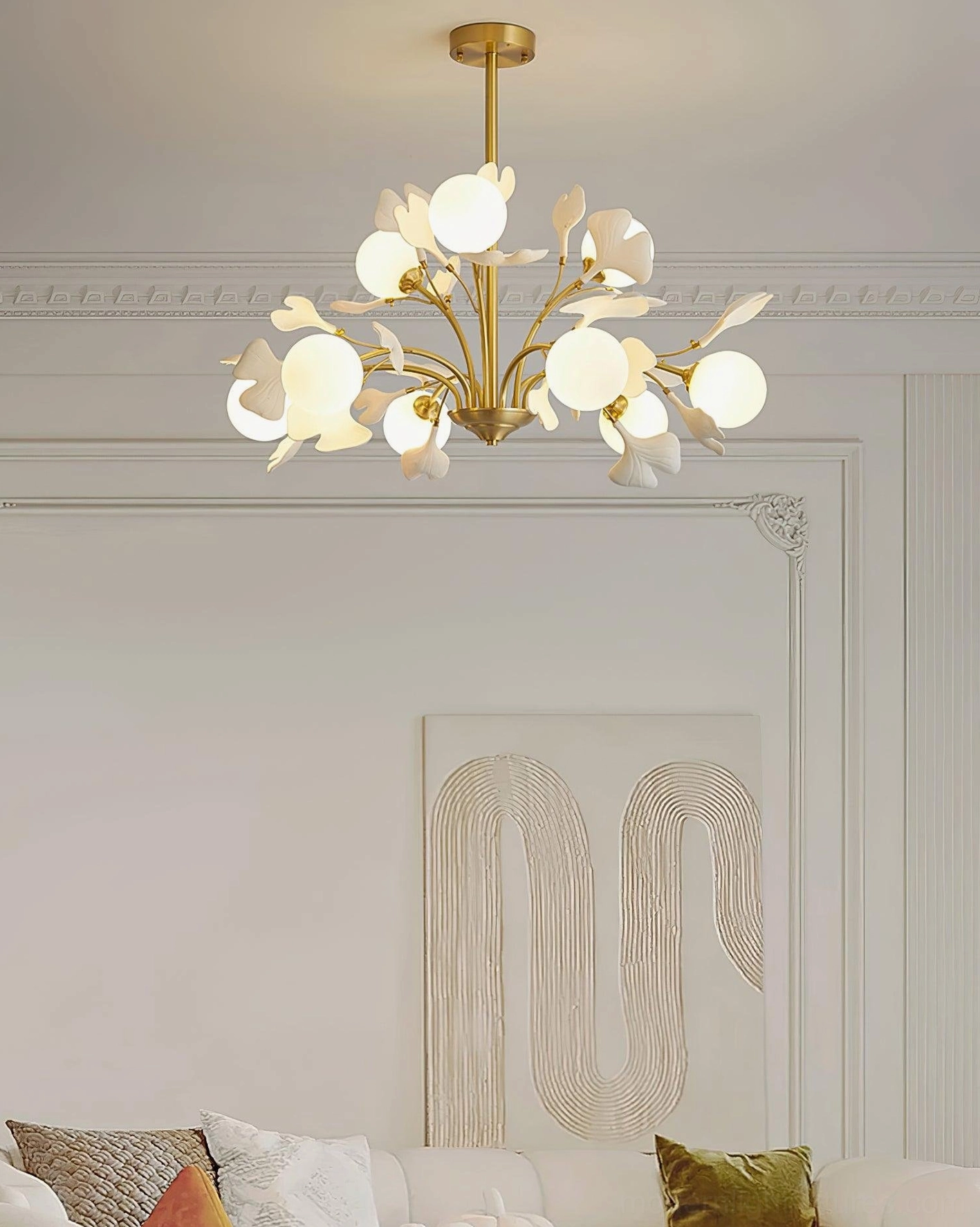 Ginkgo chandelier pendant leaf arrangement, overhead view showing radial symmetry and ginkgo motif