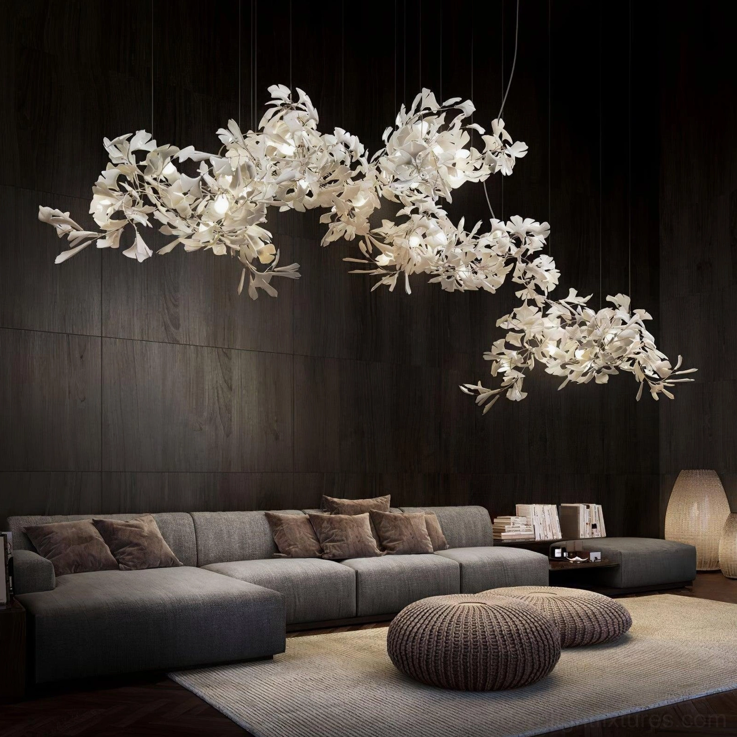 Ginkgo leaf pendant chandelier architectural detail showing ceramic leaf texture and metal framework design