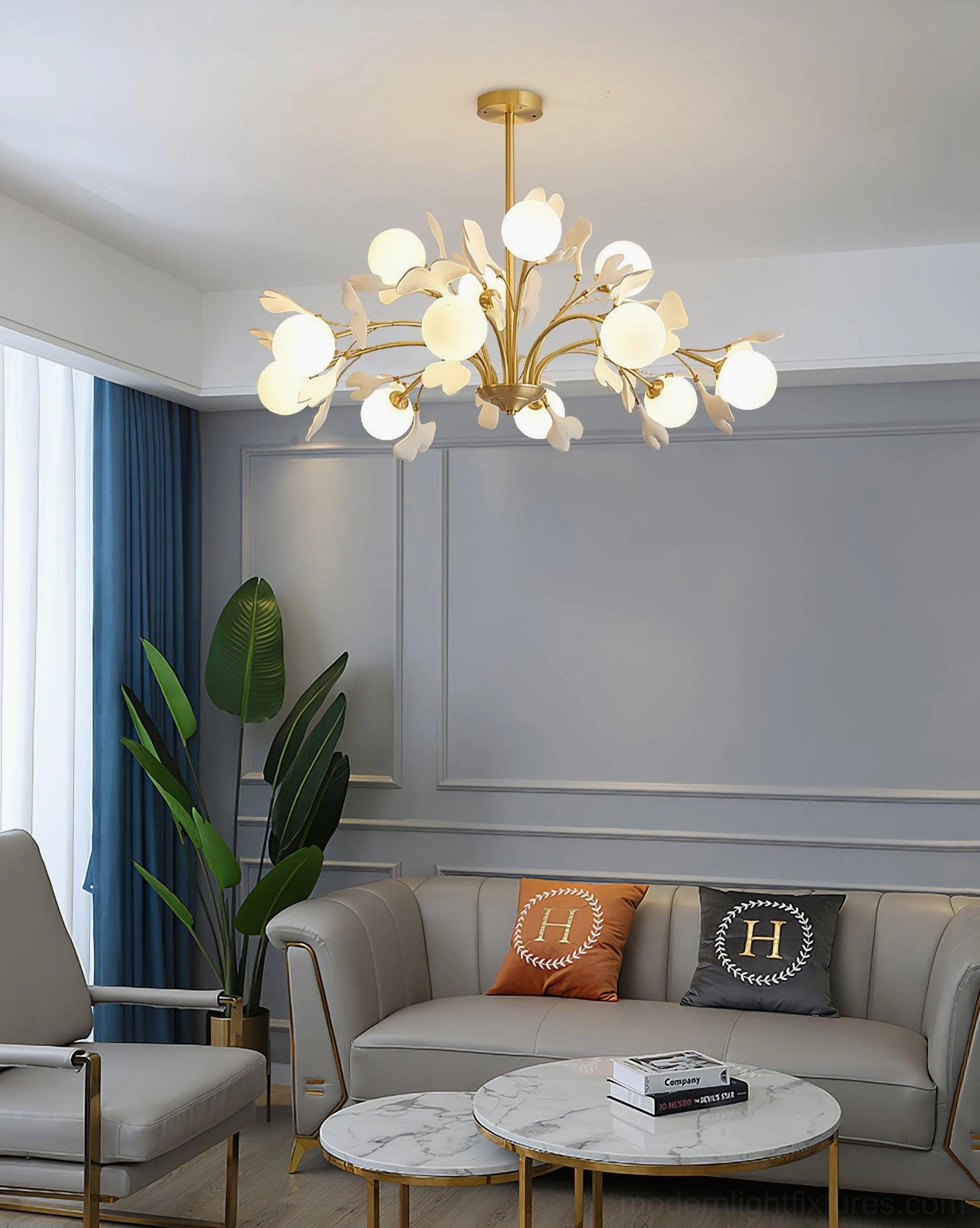 Ginkgo chandelier in luxury hotel lobby or high-end residence, professional interior photography