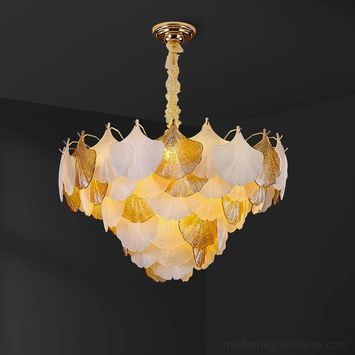 Ginkgo leaf glass chandelier 60cm medium size with white and amber petal design, complete front view