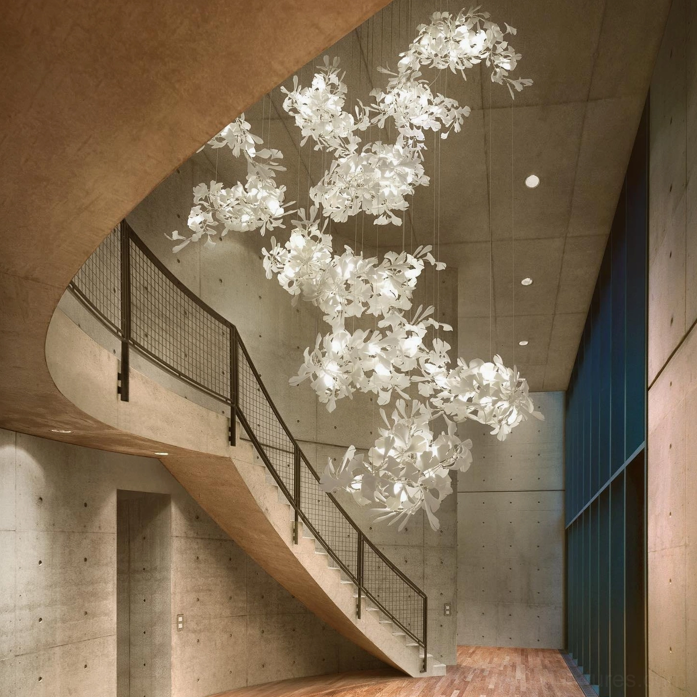 Close-up detail of ginkgo pendant chandelier metal branch framework with adjustable flexible design