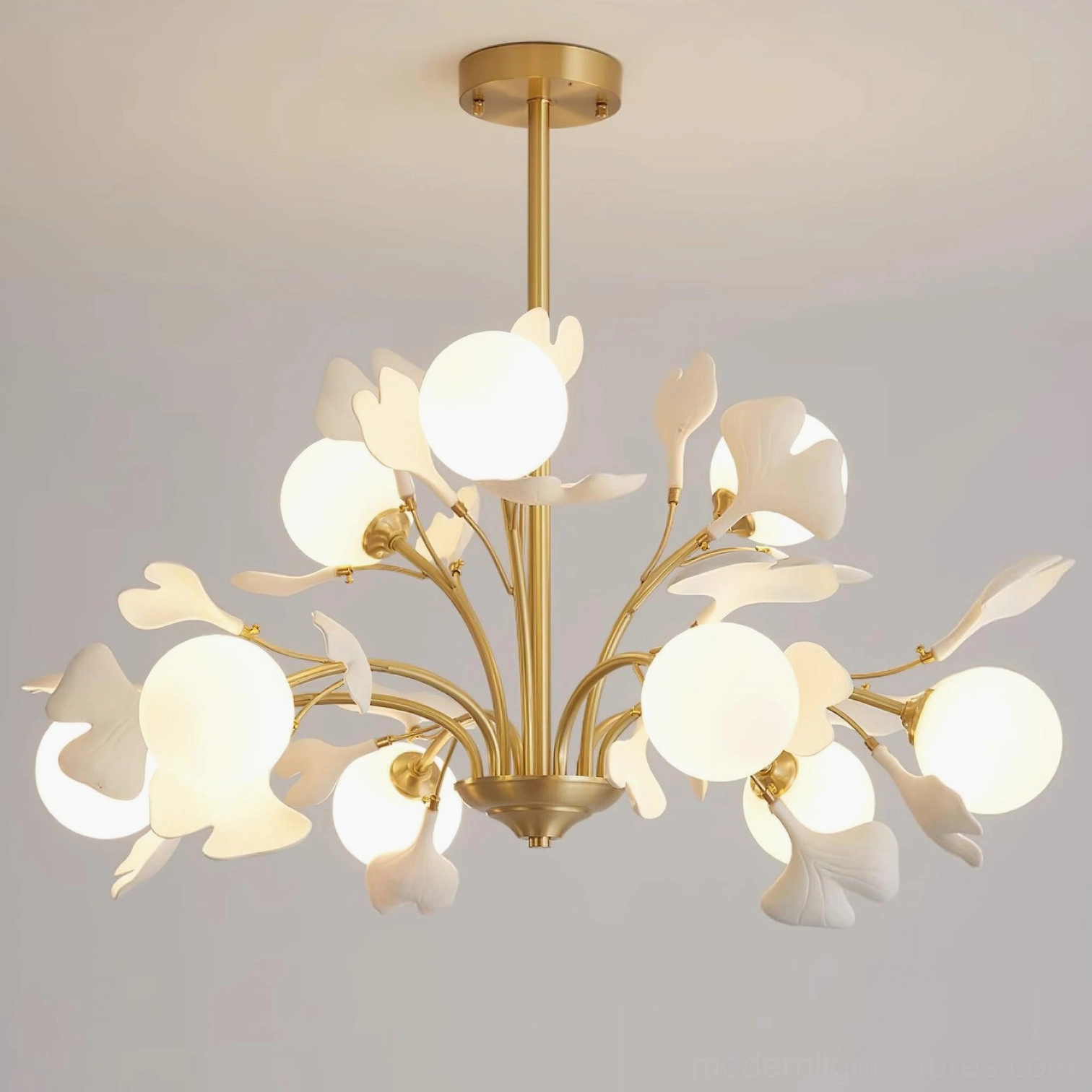 Ginkgo chandelier mid-century modern living room, retro organic design with brass and ceramic