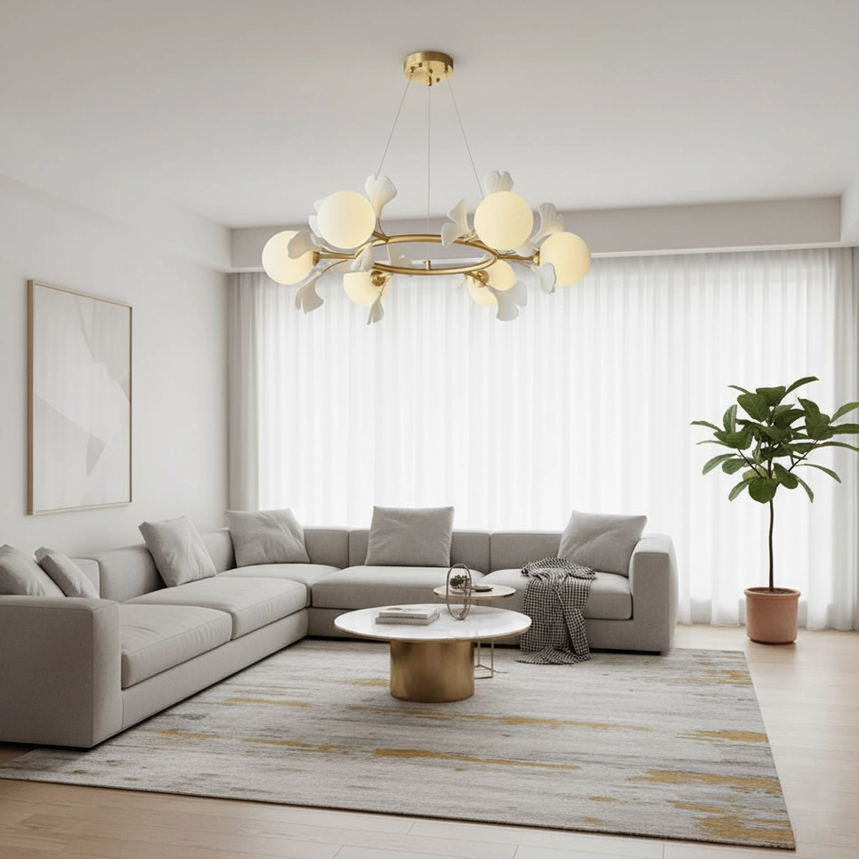 Modern botanical ginkgo leaf chandelier with dark green wall accent styling