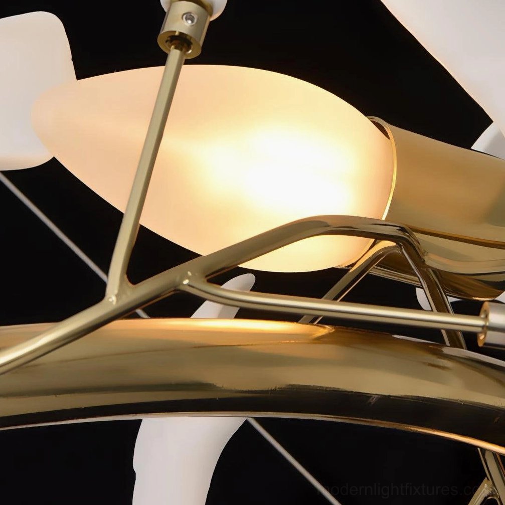 Full-length view of ginkgo leaf chandelier in modern foyer demonstrating scale and sculptural presence in interior space