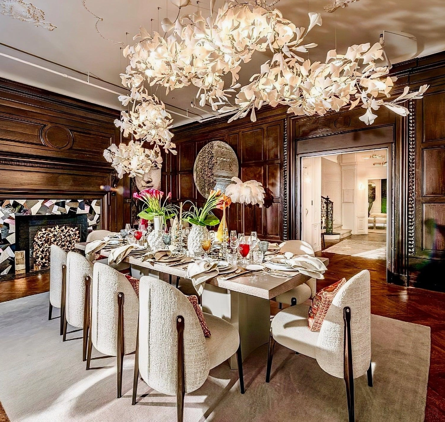 Ginkgo leaf chandelier multiple-unit configuration showing integrated suspension and leaf distribution