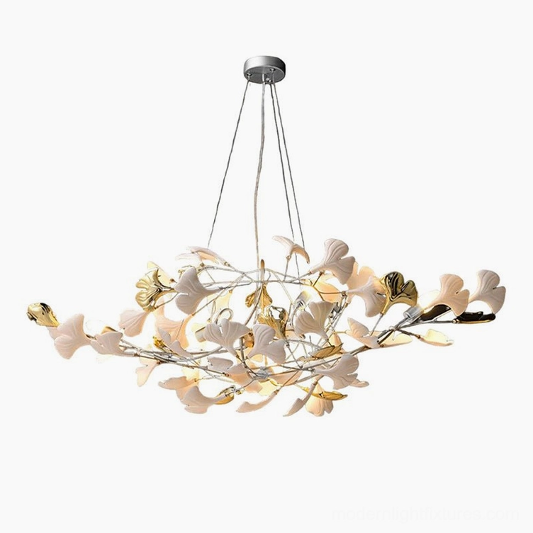 Ginkgo leaf chandelier - nickel body and white ceramic leaves for contemporary home lighting solution