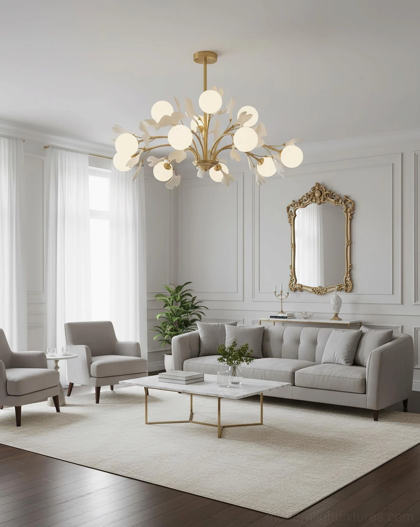 Ginkgo chandelier illuminated at night, atmospheric lighting effect with warm brass and frosted glass