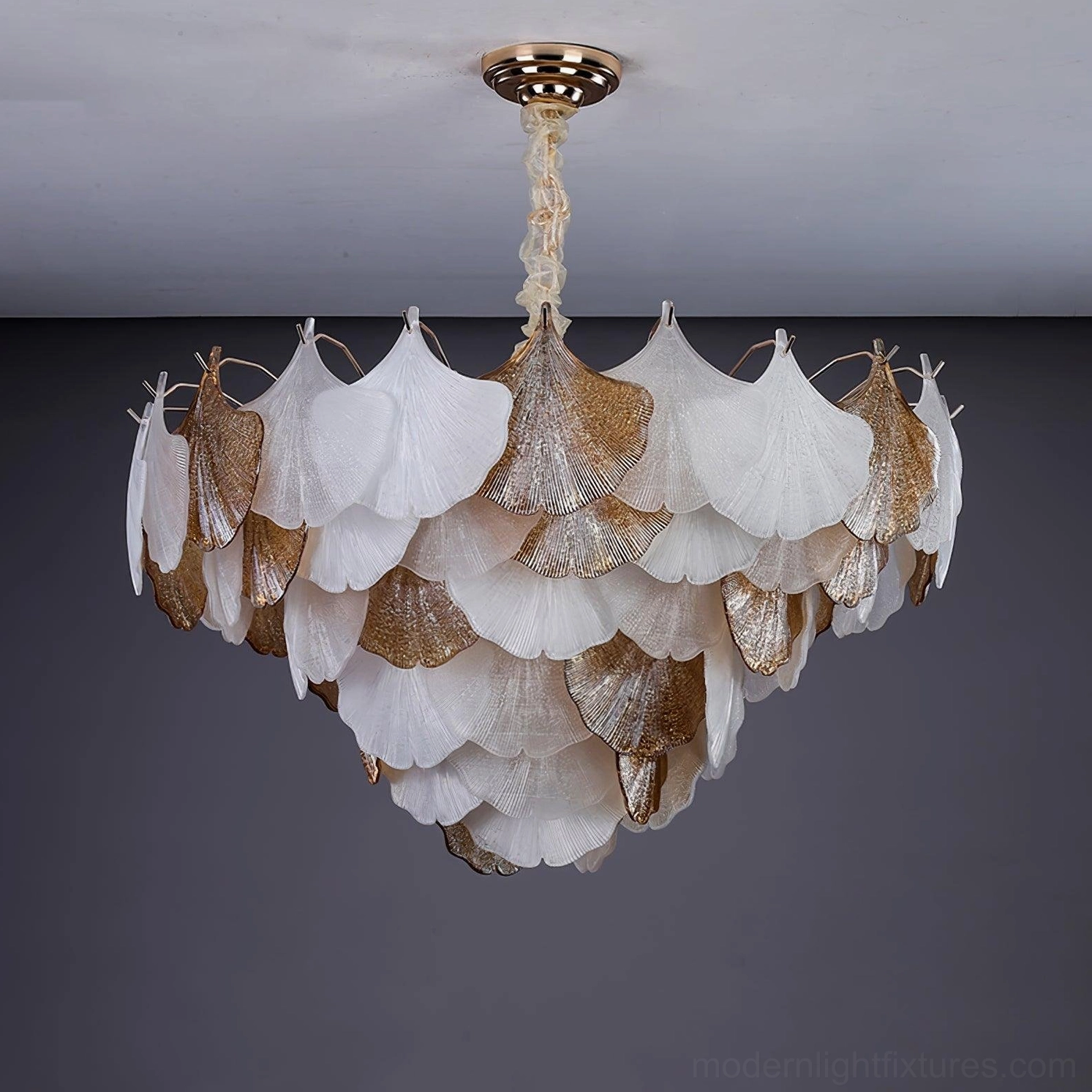 Overhead view of ginkgo leaf chandelier with polished gold ceiling mount and symmetrical petal arrangement