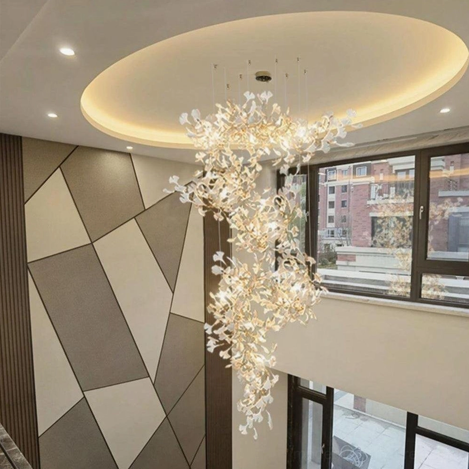 Overhead view of ginkgo leaf chandelier displaying branching organic structure and leaf arrangement
