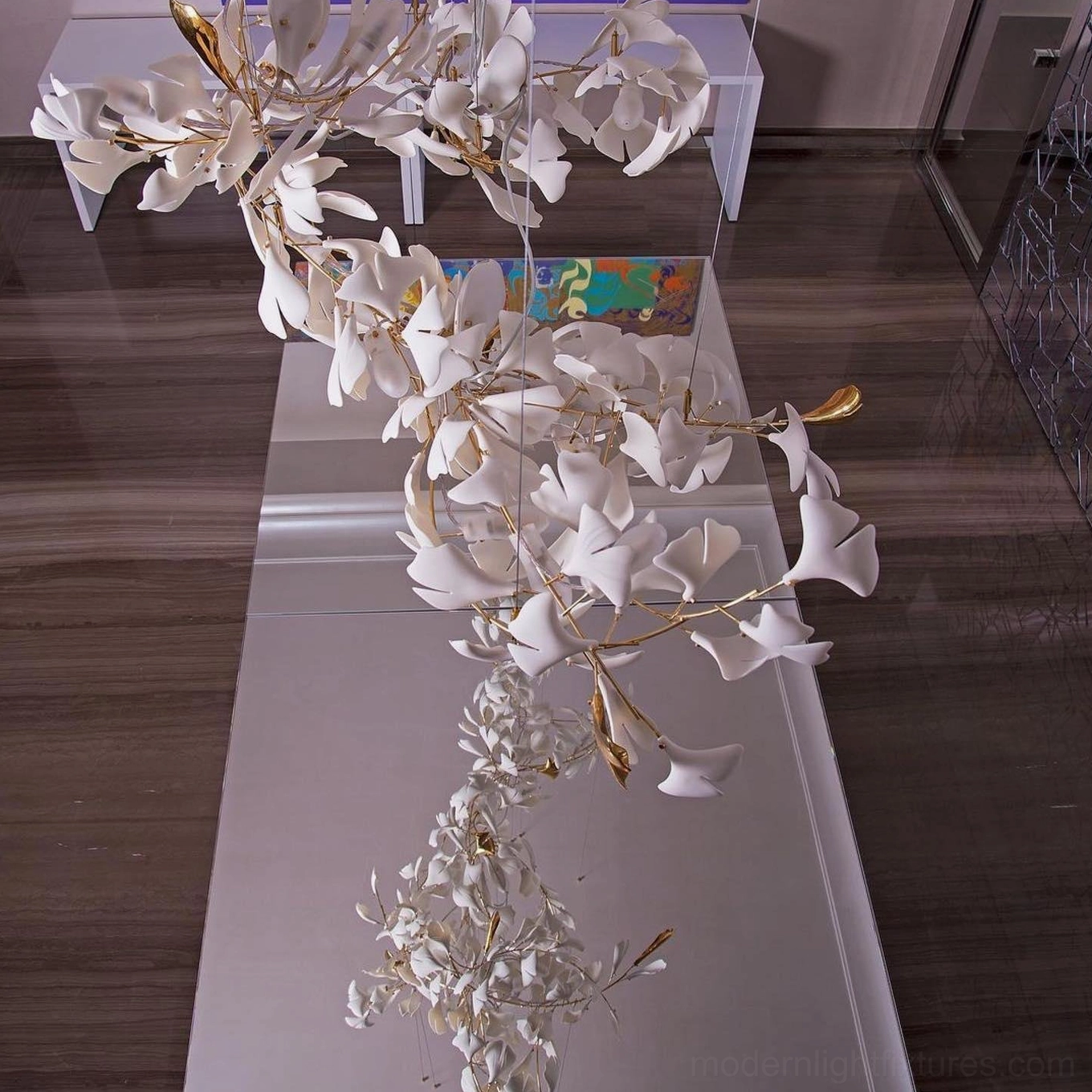 Ginkgo leaf pendant chandelier overhead view showing radial leaf arrangement and branch spread