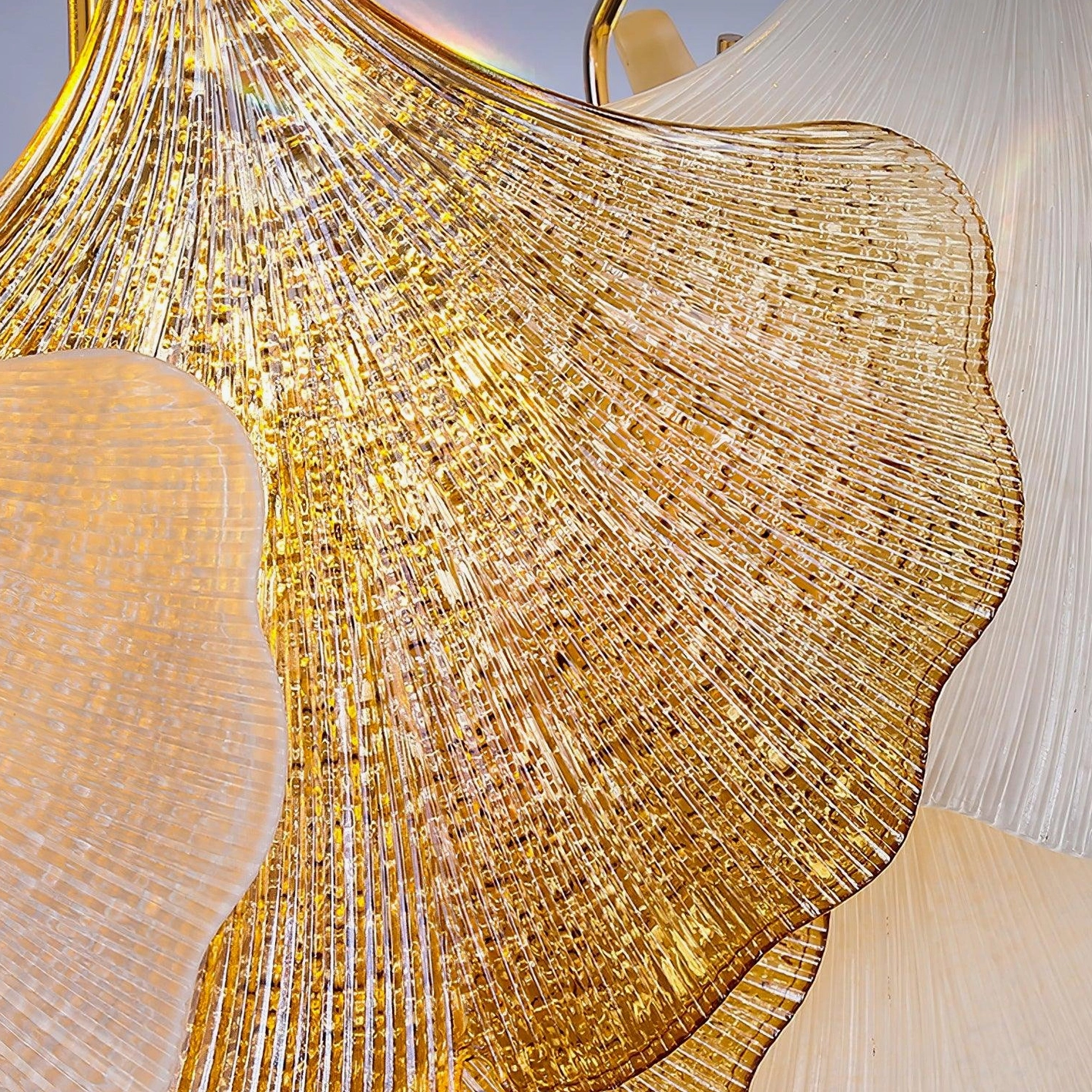 Ginkgo chandelier showing intricate glass petal construction and sculptural geometric design details