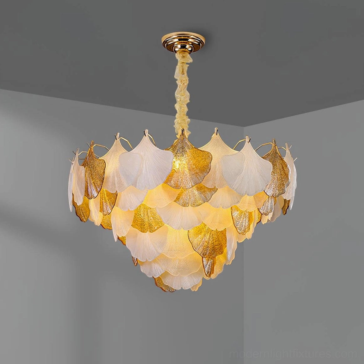 Ginkgo leaf chandelier in compact 50cm size showing luxury design and gold finish metal framework