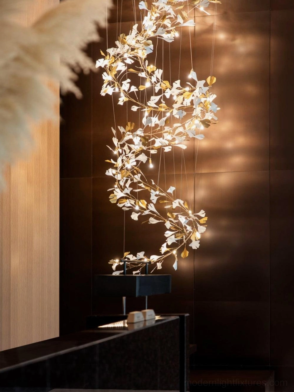 Ginkgo leaf pendant chandelier profile view showing height dimension and artistic form