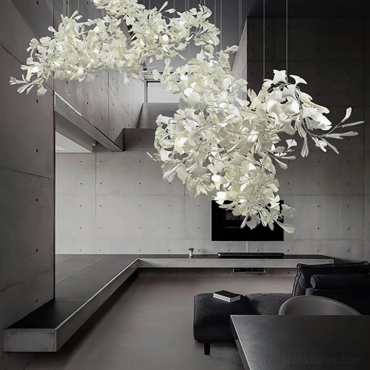 Ginkgo leaf pendant chandelier in Scandinavian-inspired interior with natural light and wood elements