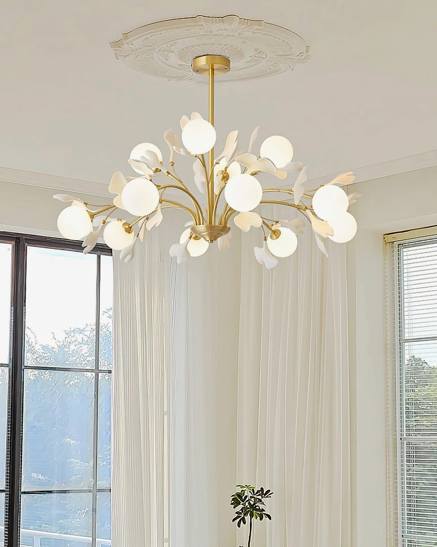 Ginkgo chandelier suspended in minimalist scandinavian interior, showing nordic design compatibility