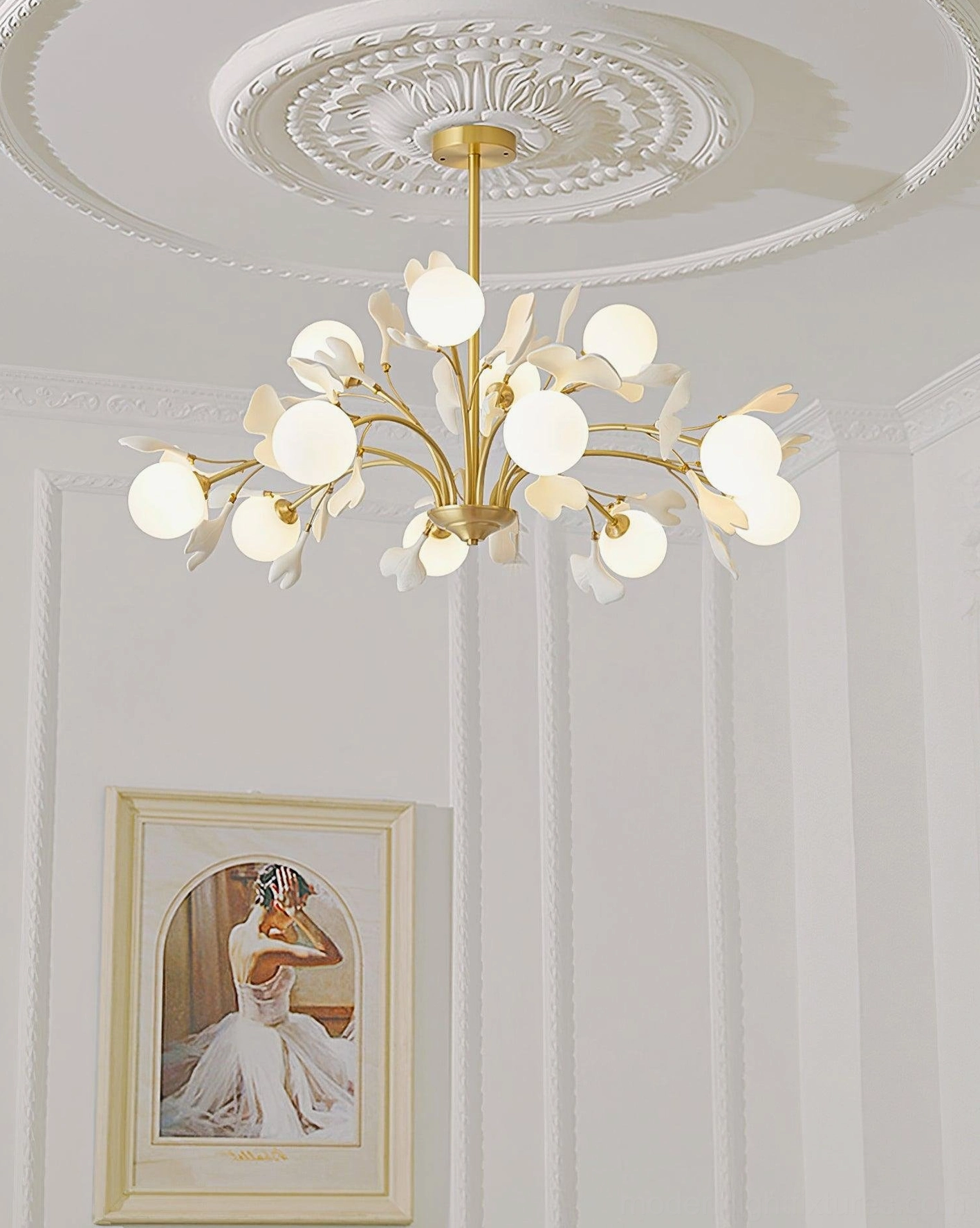 Ginkgo ceramic chandelier side profile view, architectural line drawing showing depth and structure