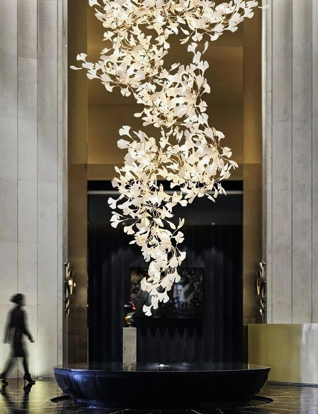 Ginkgo leaf pendant chandelier side profile view showing sculptural depth and layering