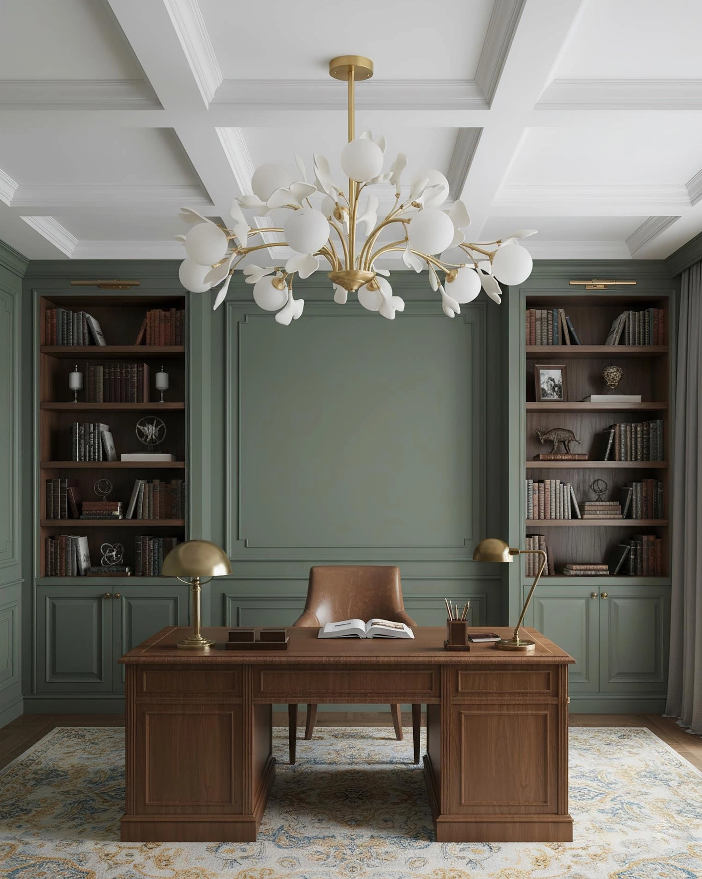 Ginkgo ceramic chandelier in home office library study room, eye-level view with neoclassical brass frame and soft lighting
