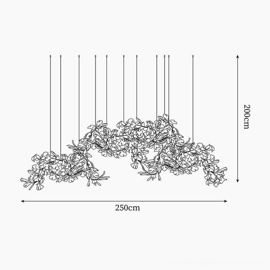 Technical drawing orthographic view of ginkgo leaf chandelier 250cm width by 200cm height specifications