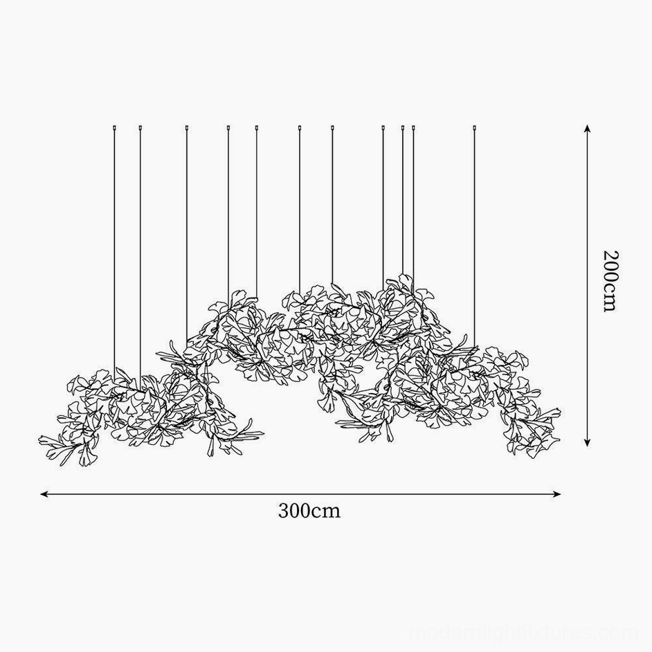Technical drawing orthographic view of ginkgo leaf chandelier 300cm width by 200cm height detailed specifications
