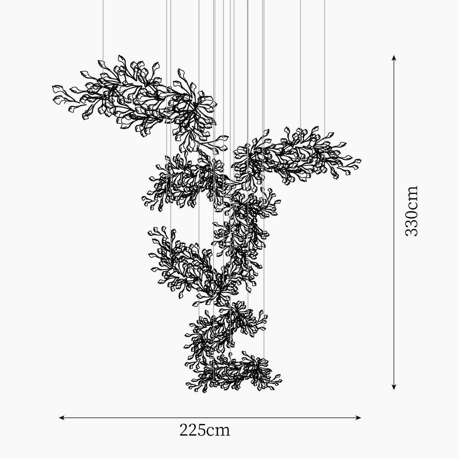 Technical orthographic drawing of ginkgo chandelier showing 225cm width by 330cm height dimensions