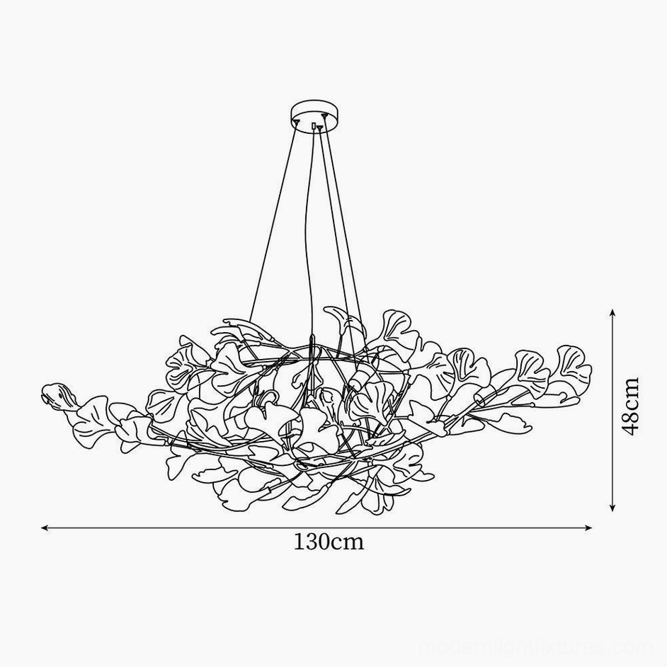 Ginkgo chandelier technical line drawing - side orthographic view showing dimensions 130cm wide by 48cm tall