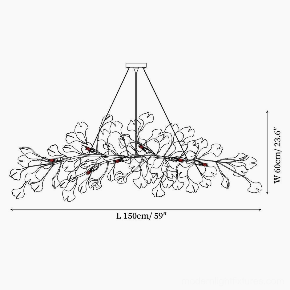 Ginkgo leaf chandelier technical schematic drawing showing 150cm length and 60cm width specifications