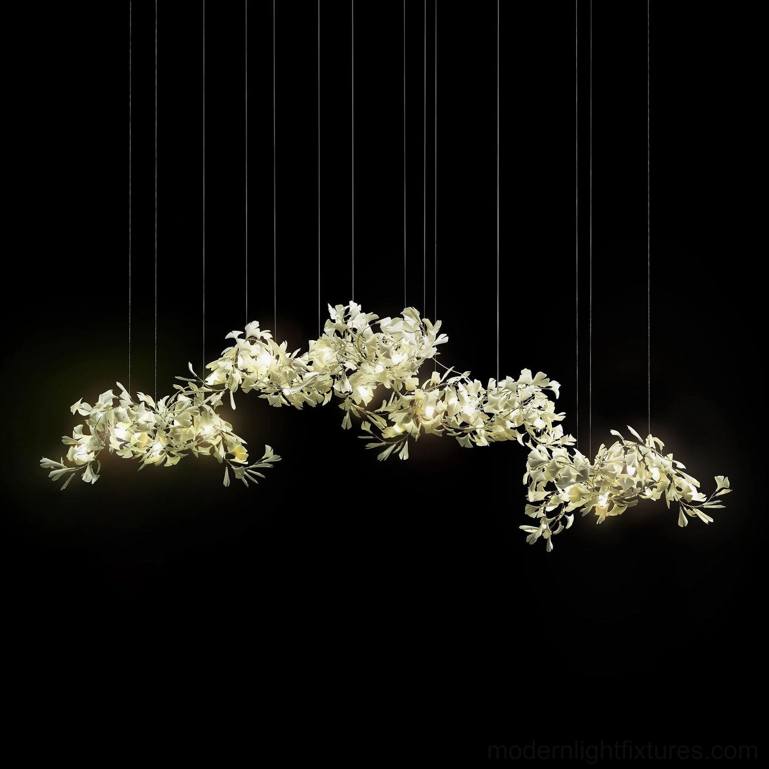 Ginkgo leaf pendant chandelier in transitional design interior bridging traditional and contemporary styles