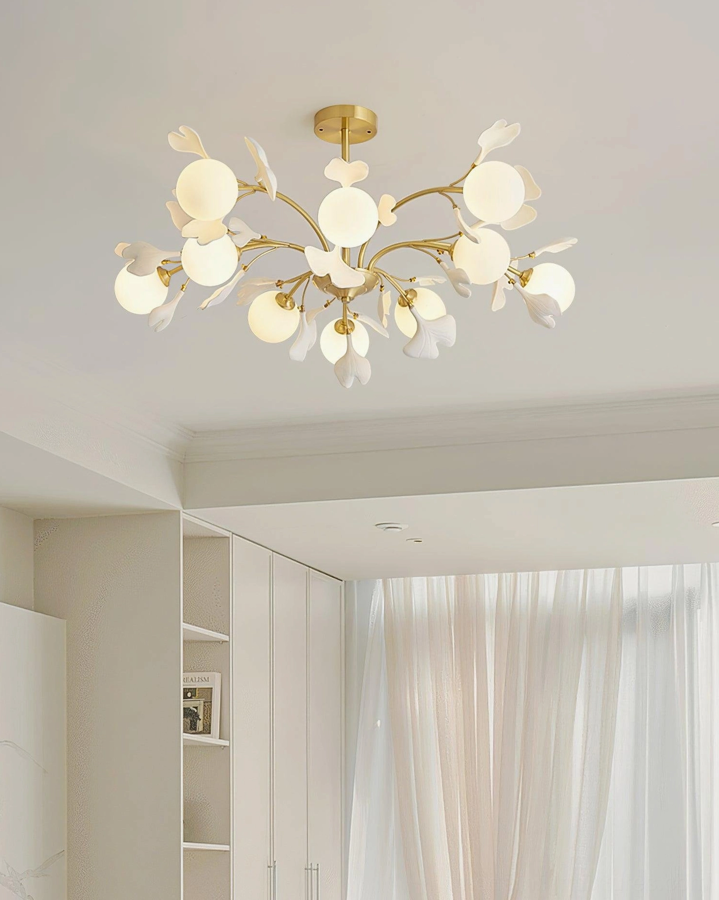 Ginkgo chandelier in transitional home design, blending traditional craft with contemporary aesthetic