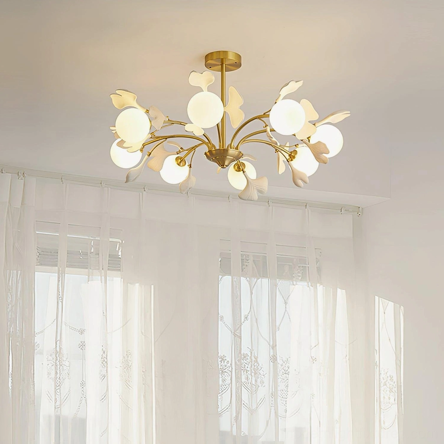 Ginkgo chandelier with warm color temperature LED bulbs, showing optimal ambient lighting effect