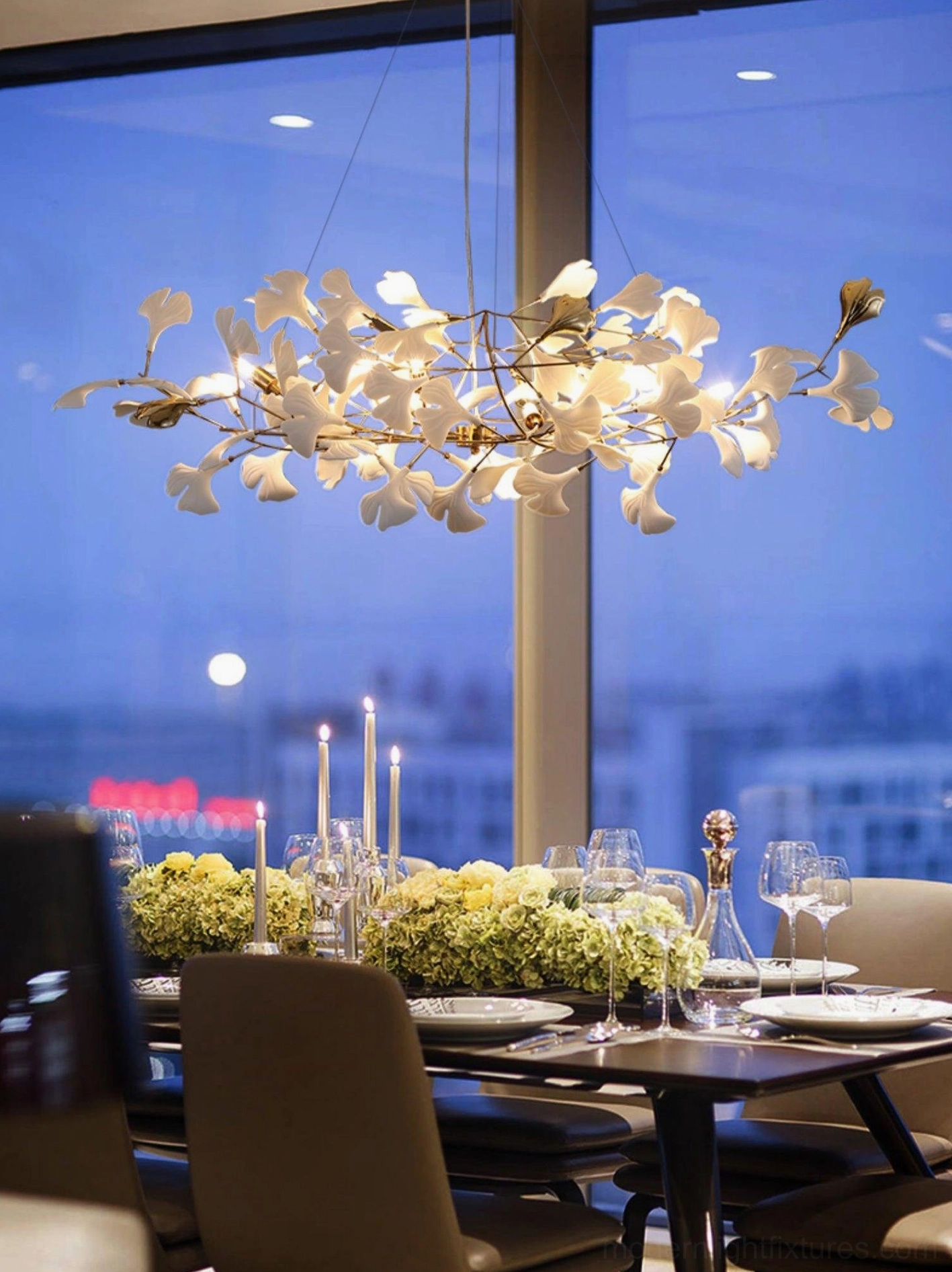 Ginkgo leaf ceramic chandelier - white finish option with metal frame showing organic botanical design