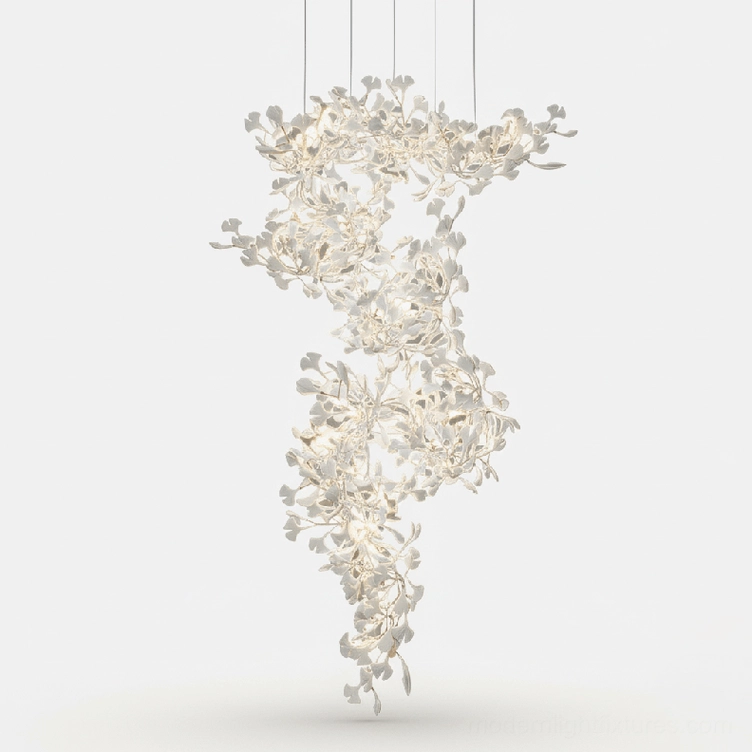 Modern ginkgo pendant chandelier in white finish showing ceramic color variant