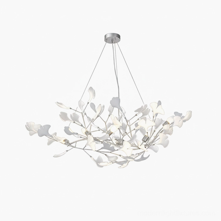 Ginkgo leaf ceramic chandelier - white finish frame with handcrafted white ceramic ginkgo leaves